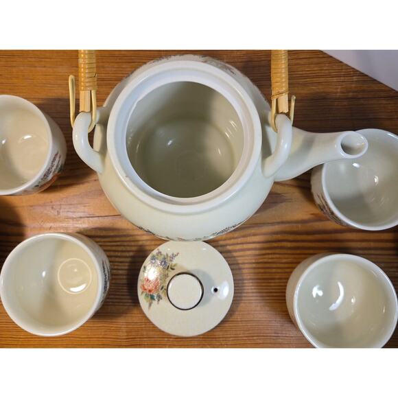 Japan Teapot 6 cups Set White Mod Flower Design Bamboo Handle OMC - Picture 5 of 14